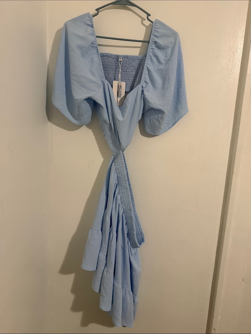 Amazon Light Blue Backless Puff-Sleeve Smocked Midi Dress